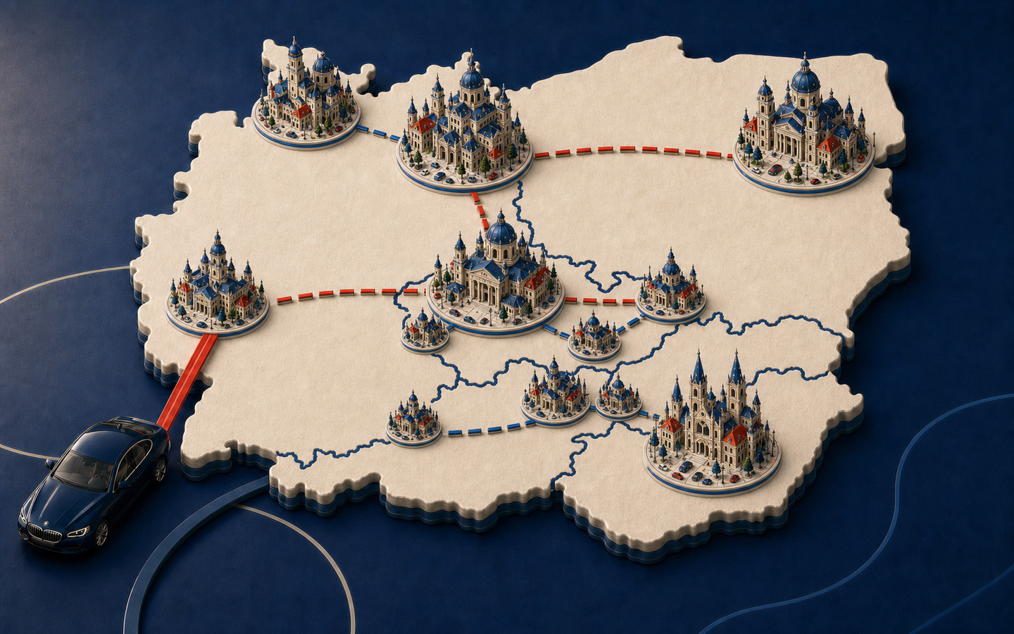 Ilustrační mapa střední Evropy s hranicemi států, hlavními městskými uzly a připravovanými lokalitami Weyo