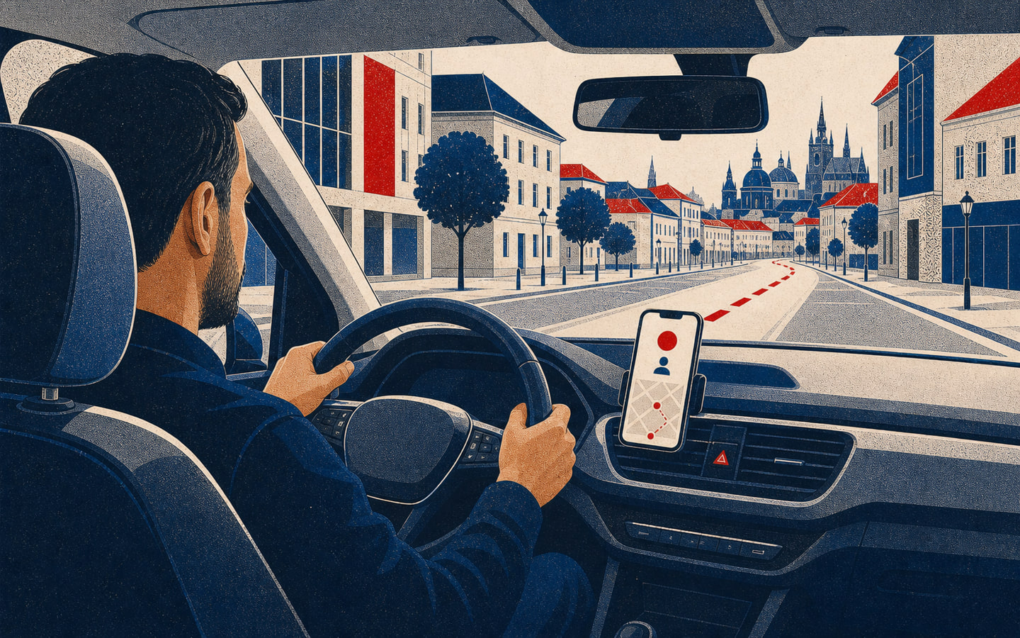 Ilustrační scéna řidiče za volantem s řidičskou aplikací a městskou trasou před vozem