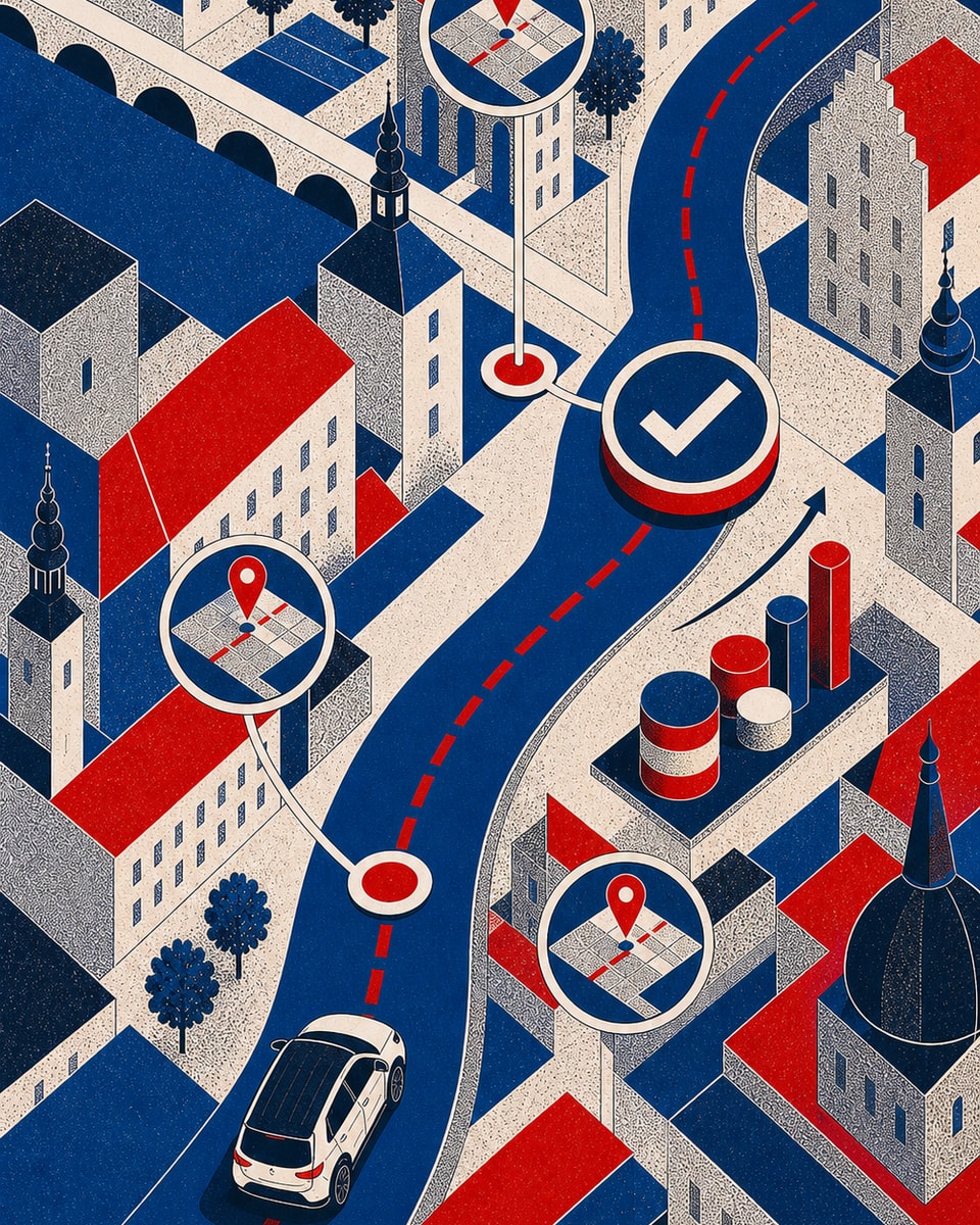 Ilustrace vozidla na potvrzené trase s kontrolními body