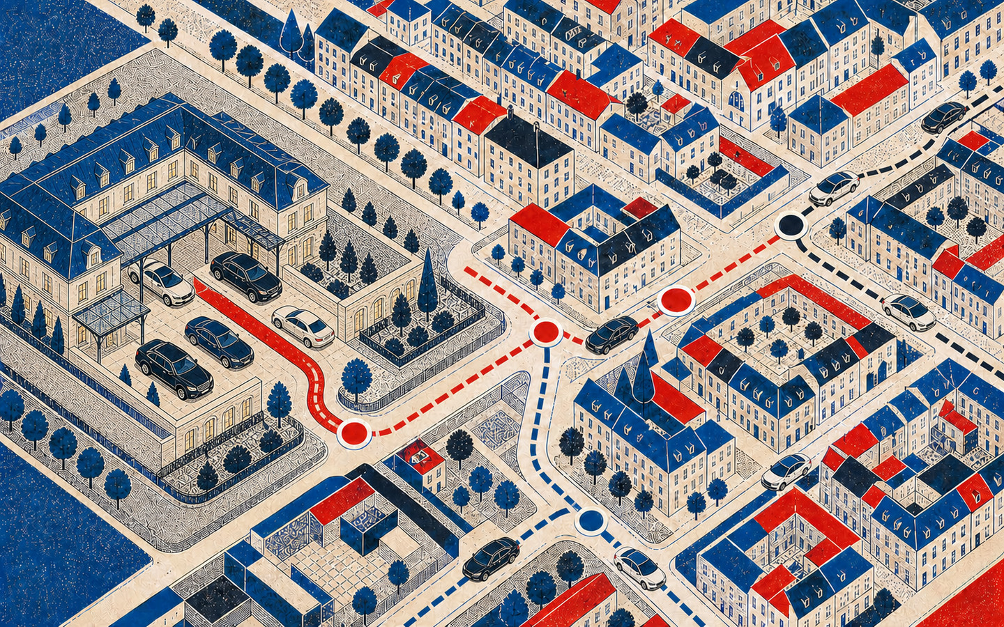 Ilustrace koordinovaných městských tras prémiových sedanů a XL vozů