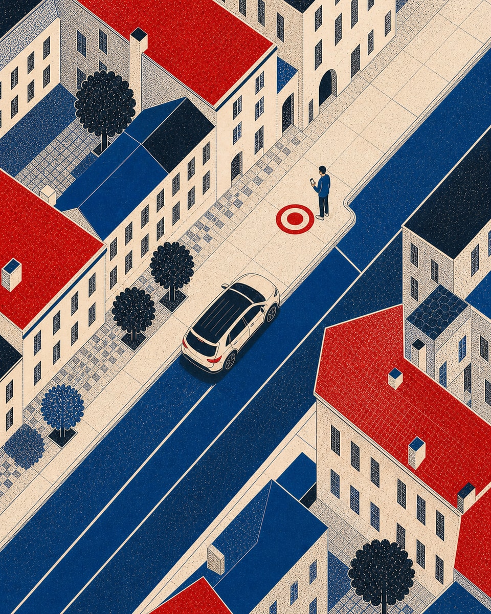 Ilustrace příjezdu vozu k bodu vyzvednutí v městské ulici